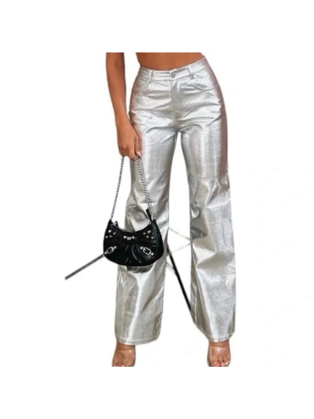 Wayf Silver Metallic Pants straight leg futuristic zip button pockets belt loops